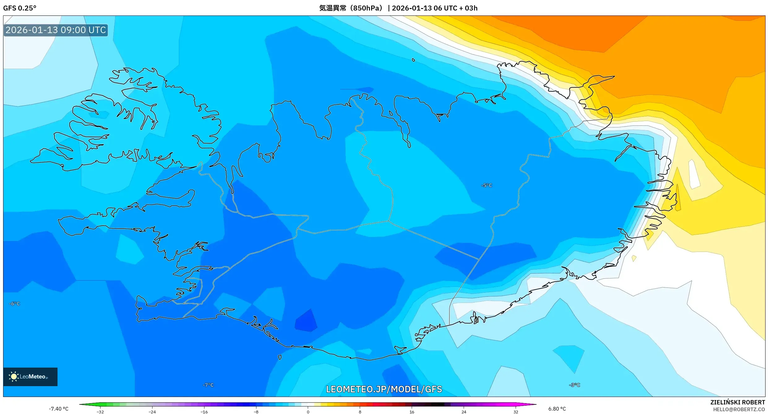 GFS model - アイスランド, 気温異常（850hPa）