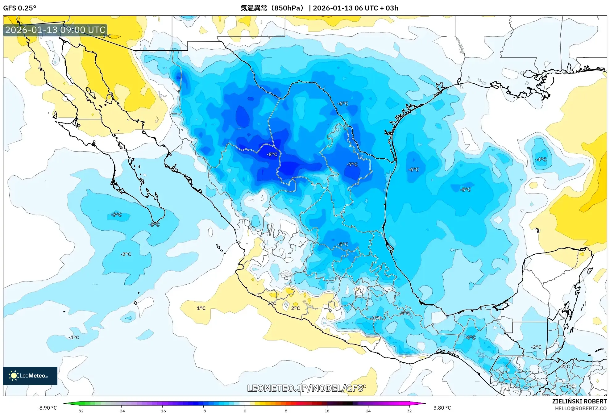 GFS model - メキシコ, 気温異常（850hPa）