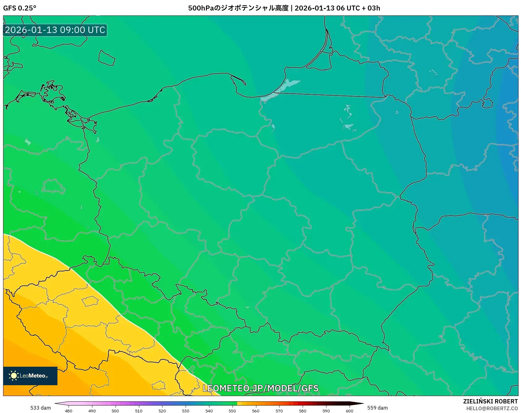 GFS model - ポーランド, 500hPaのジオポテンシャル高度