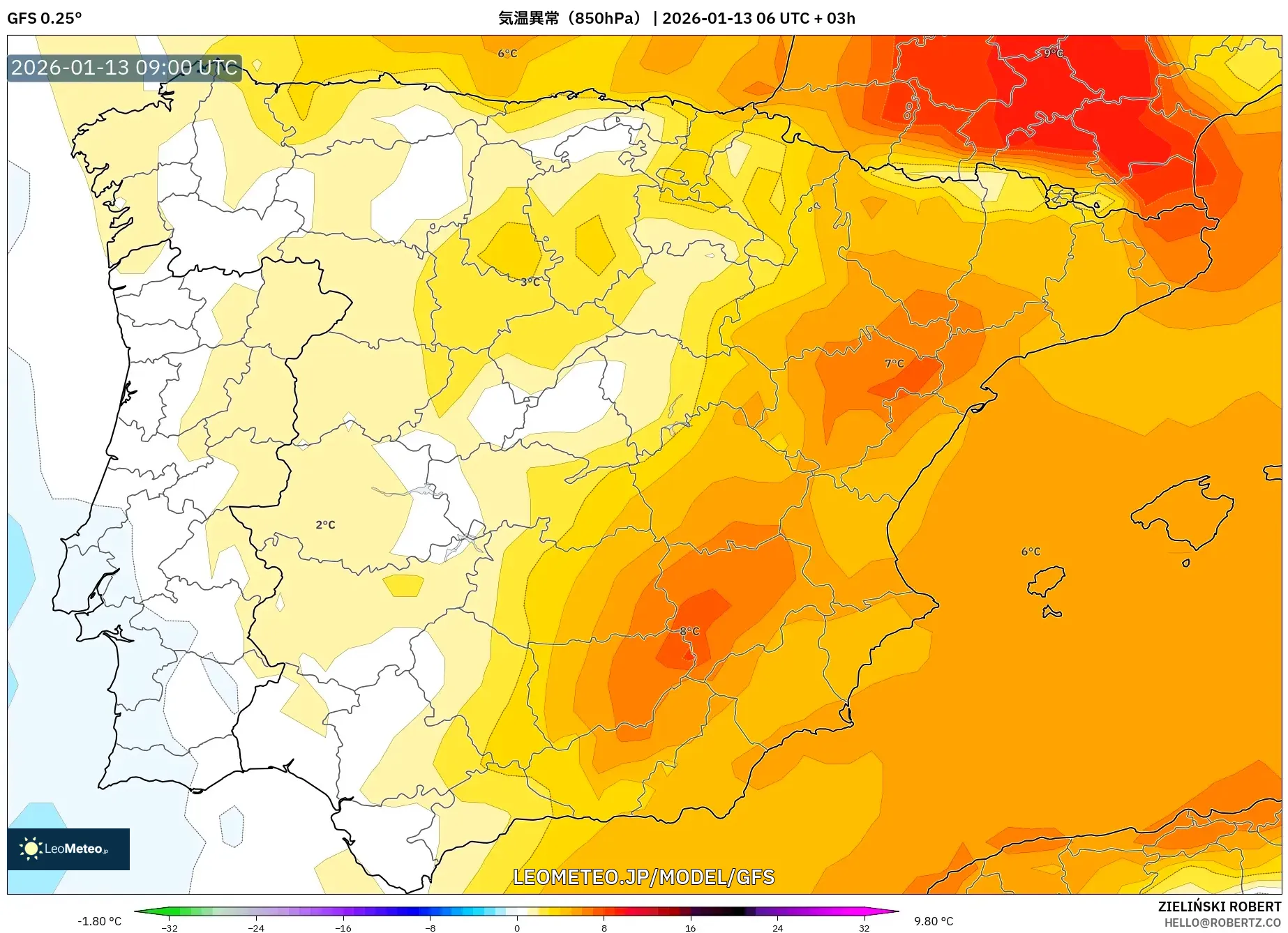 GFS model - スペイン, 気温異常（850hPa）
