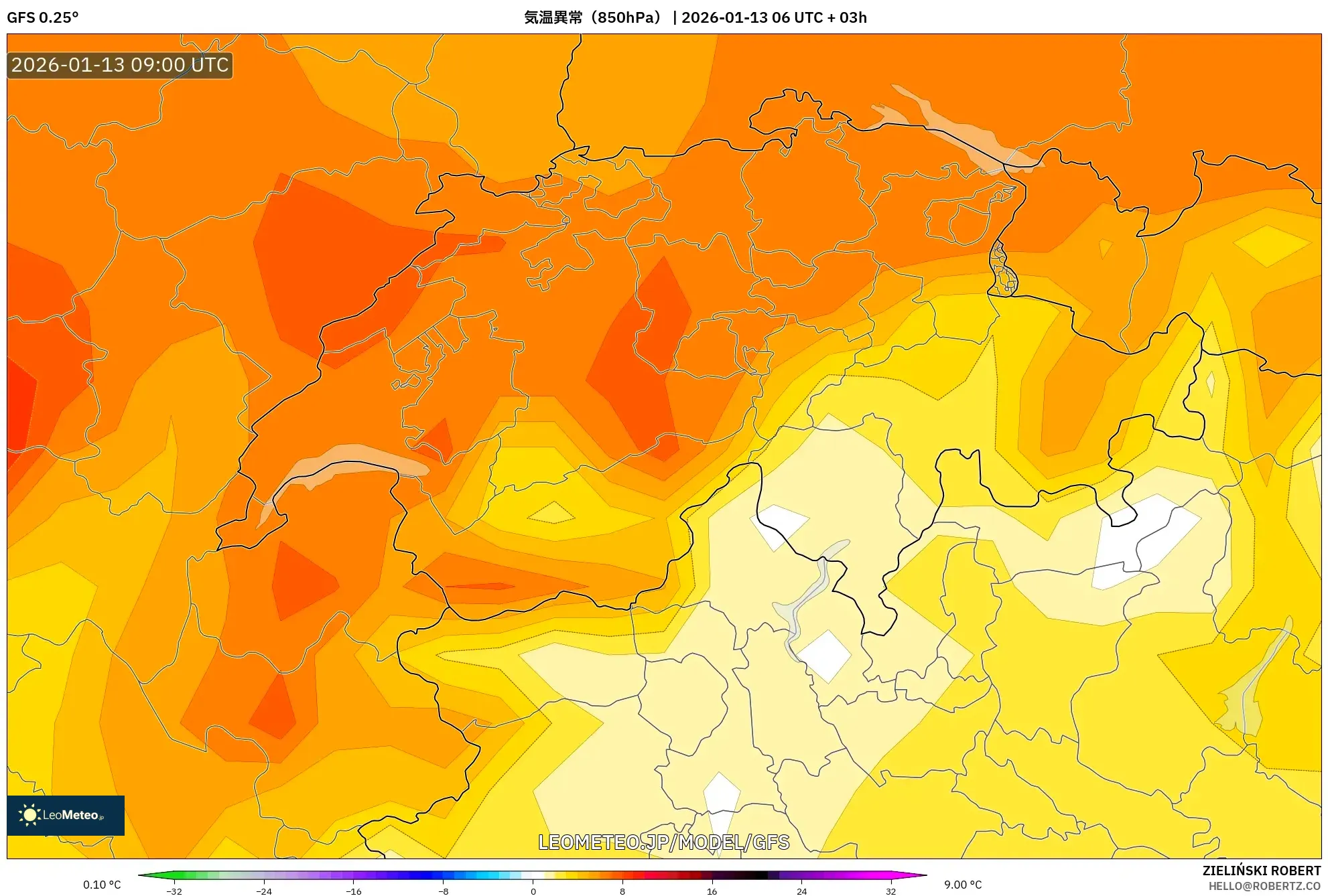 GFS model - スイス, 気温異常（850hPa）
