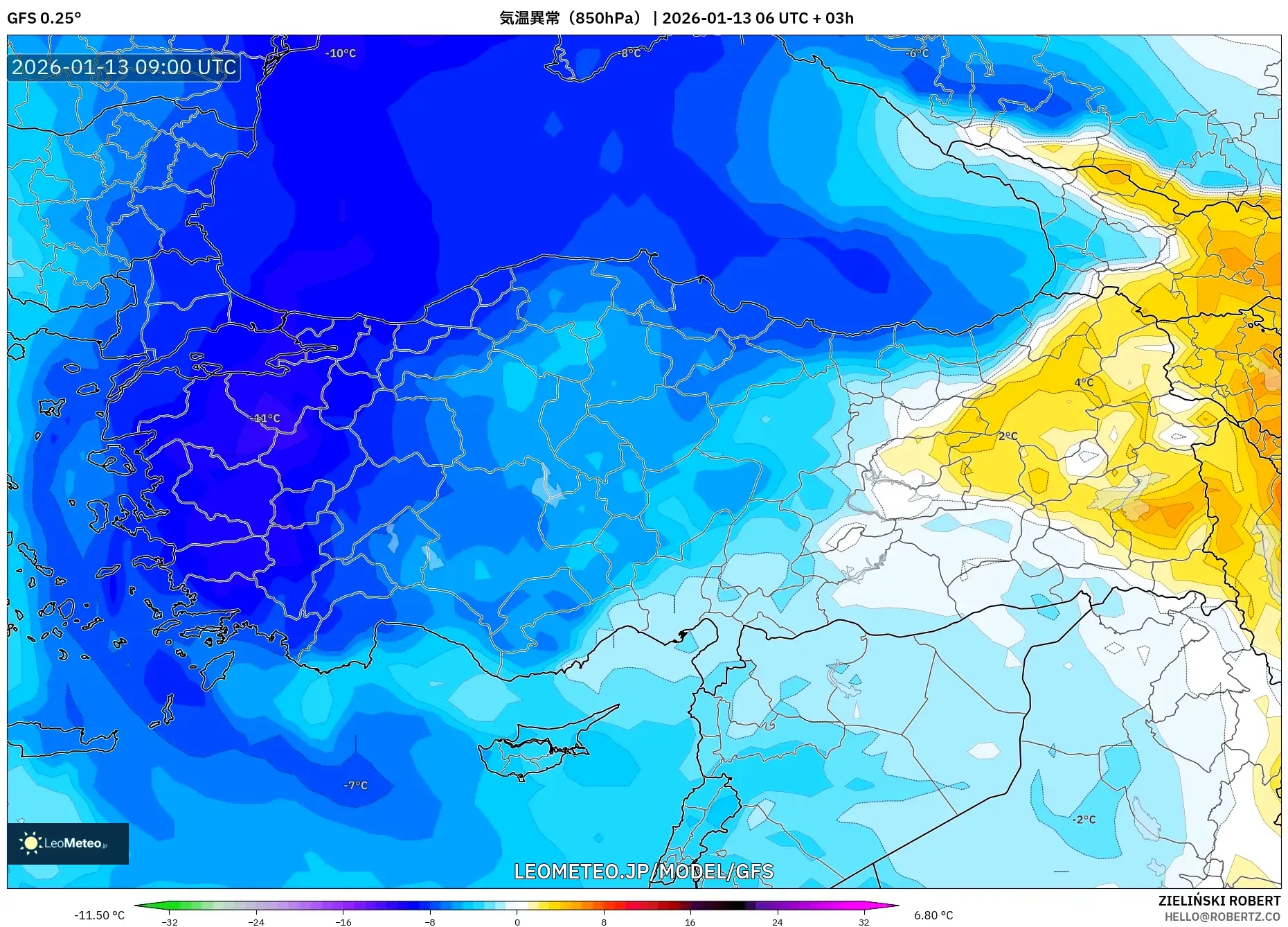 GFS model - トルコ, 気温異常（850hPa）