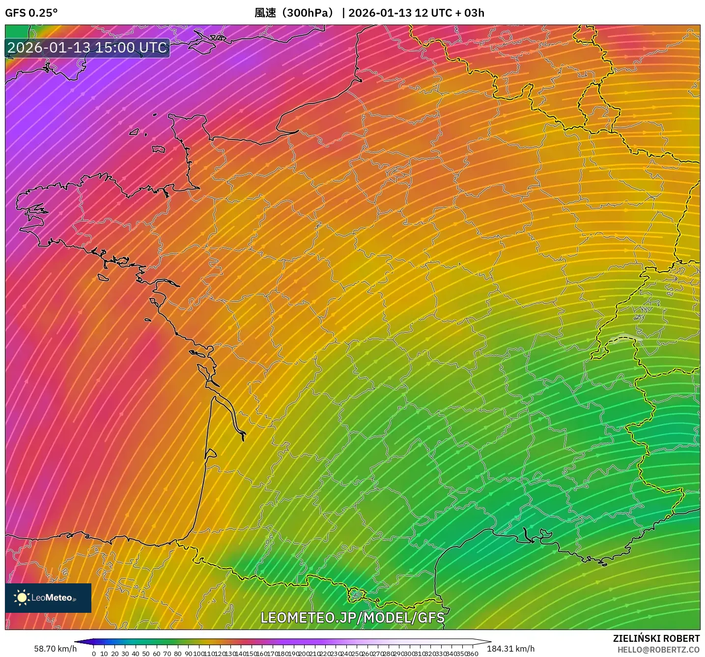 GFS model - フランス, 風速（300hPa）