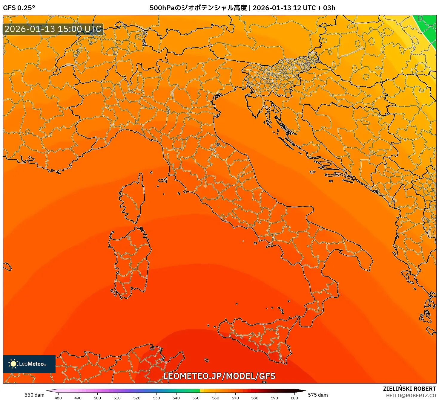 GFS model - イタリア, 500hPaのジオポテンシャル高度