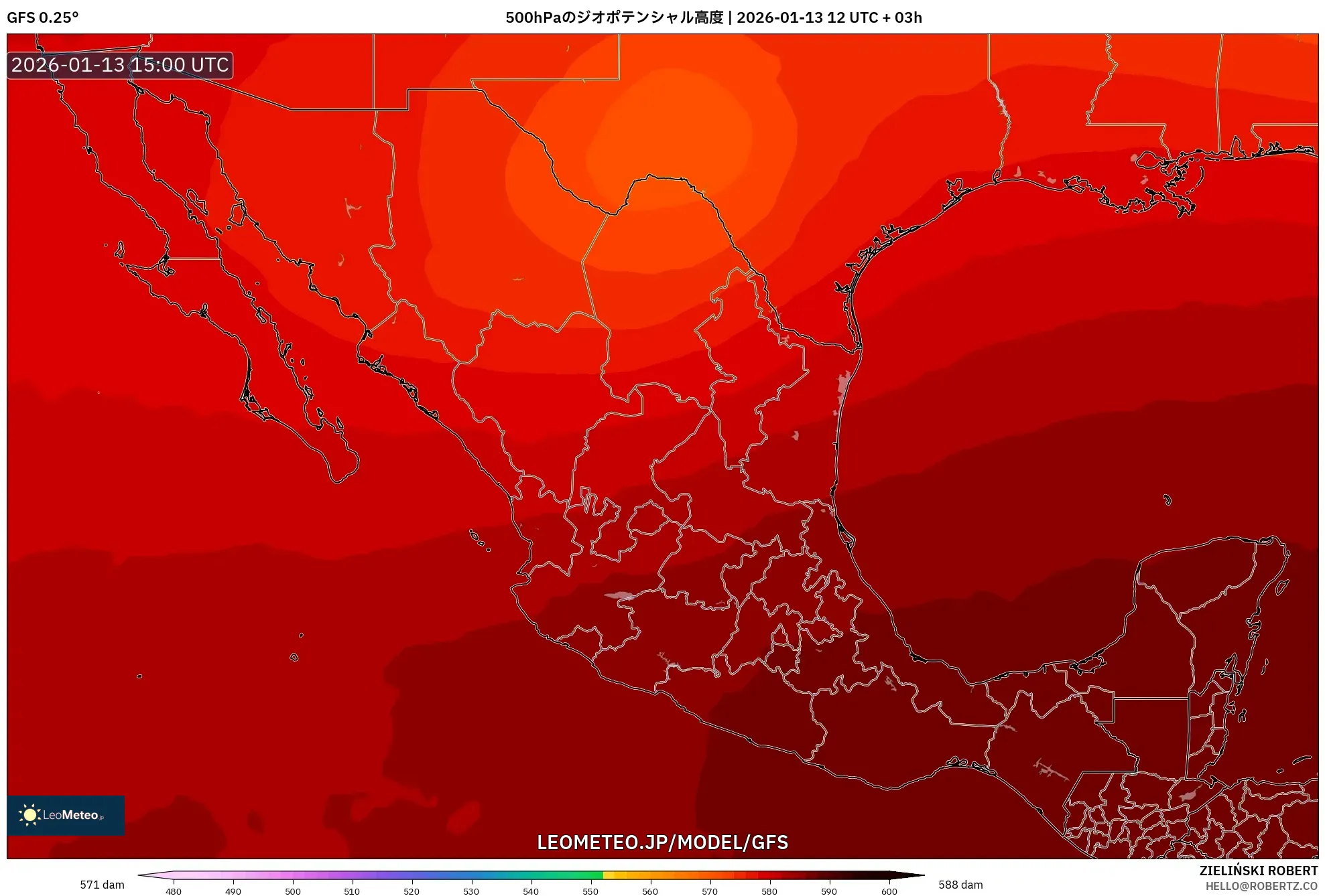 GFS model - メキシコ, 500hPaのジオポテンシャル高度