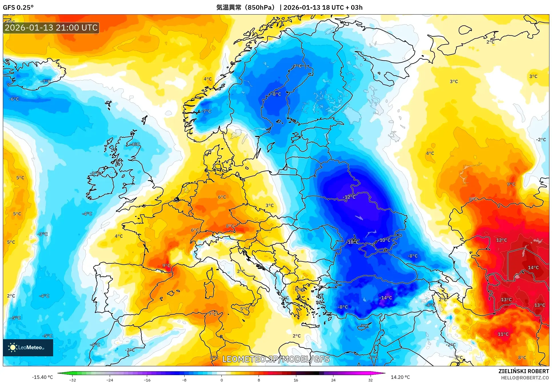 GFS model - ヨーロッパ, 気温異常（850hPa）
