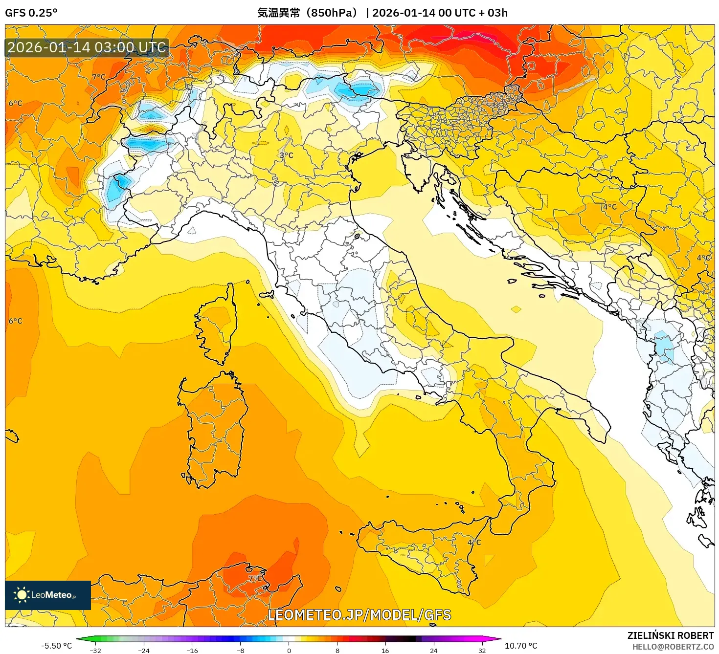 GFS model - イタリア, 気温異常（850hPa）