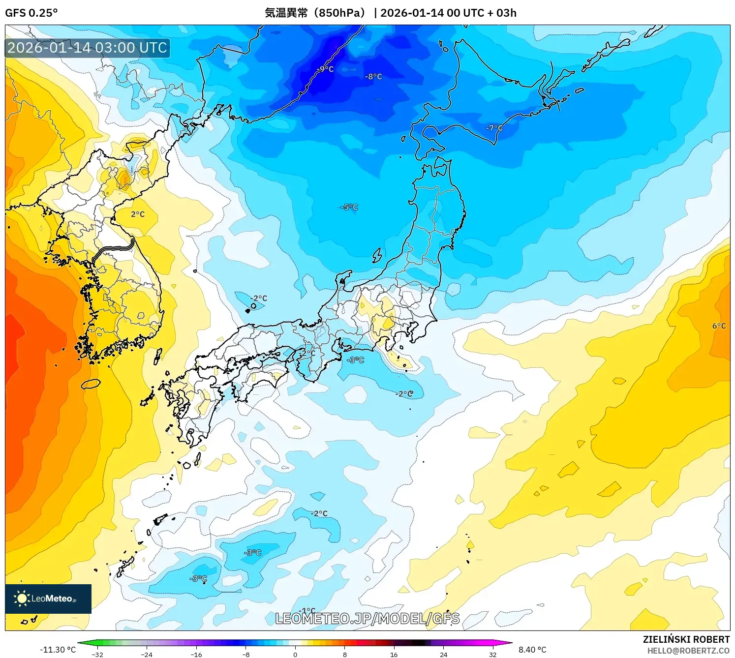 GFS model - 日本, 気温異常（850hPa）
