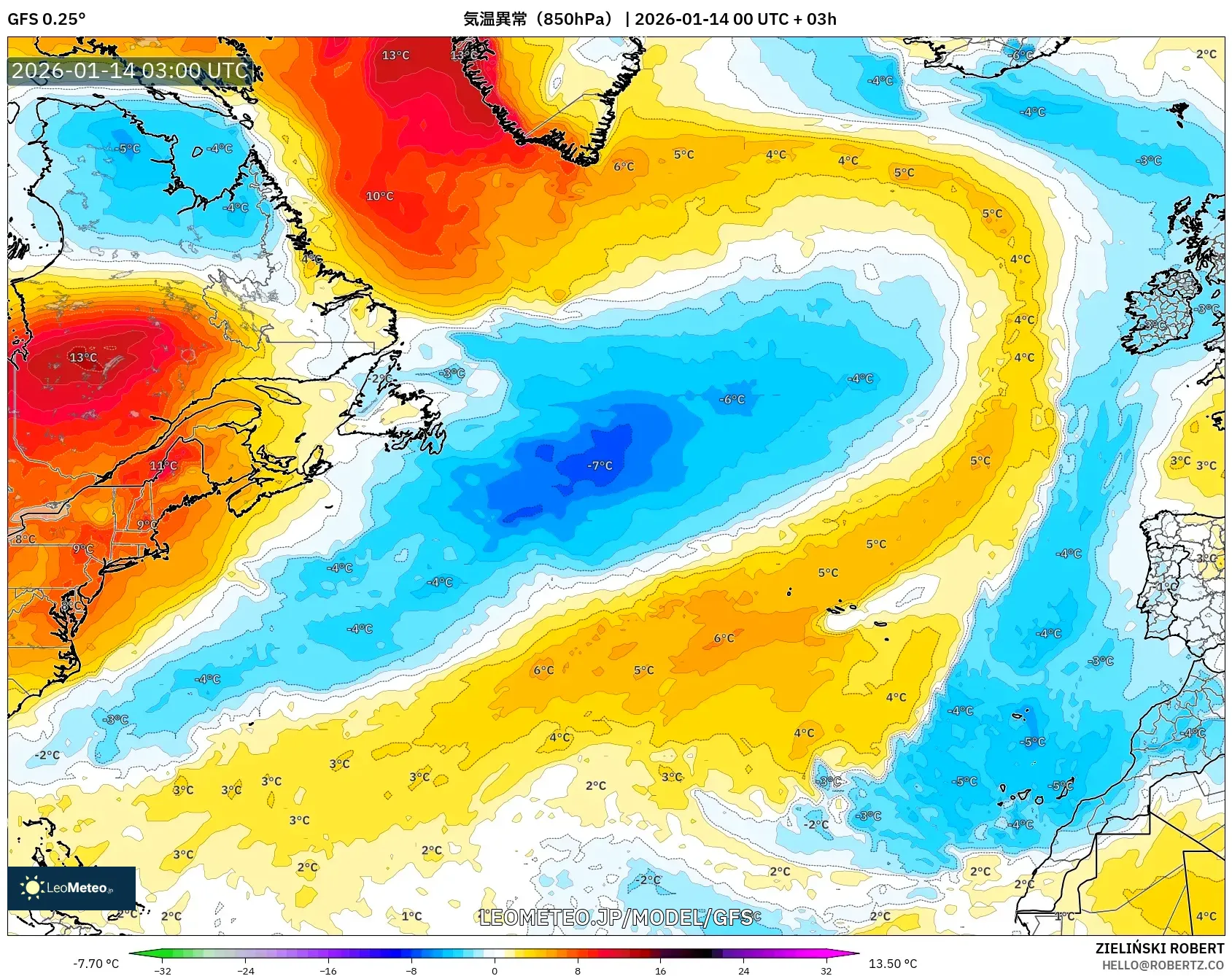 GFS model - 北大西洋, 気温異常（850hPa）