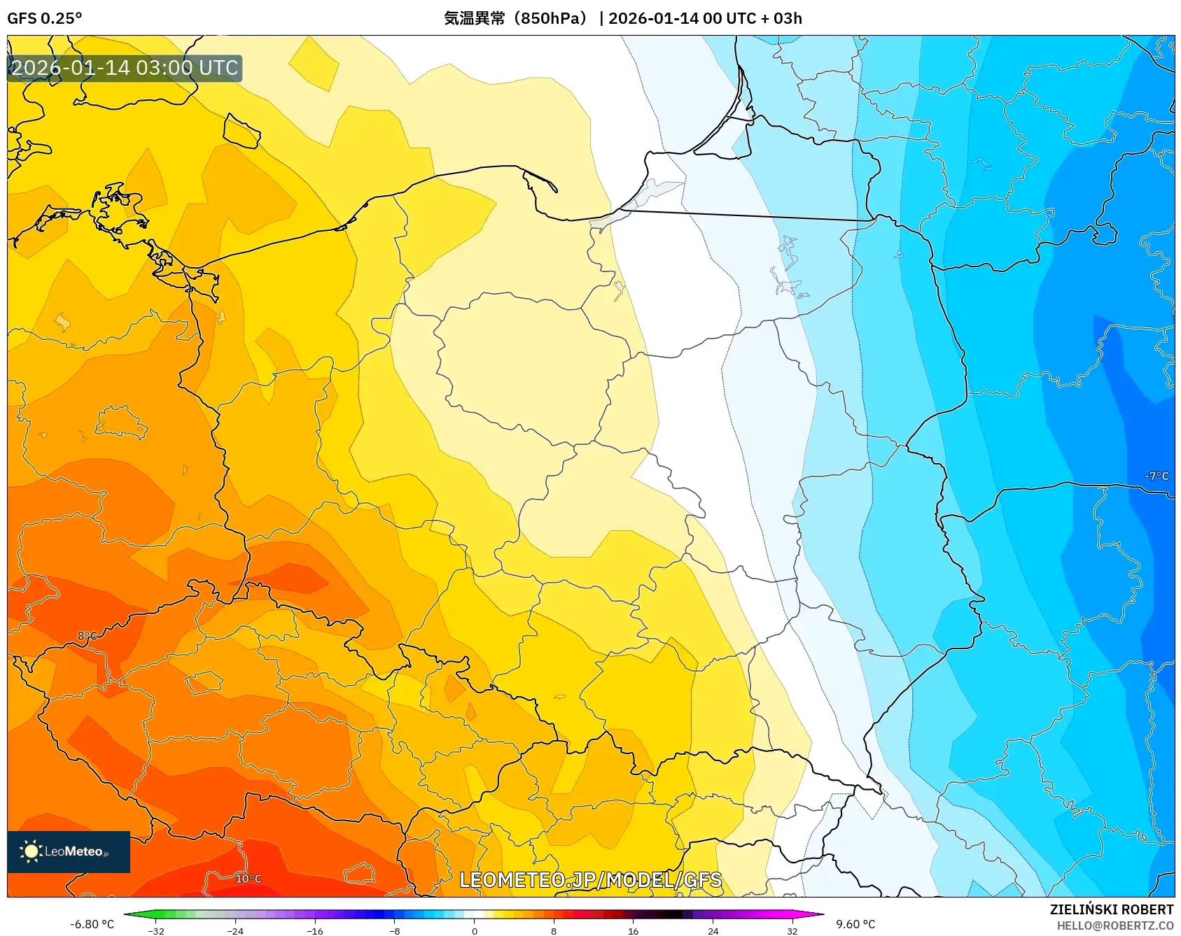 GFS model - ポーランド, 気温異常（850hPa）