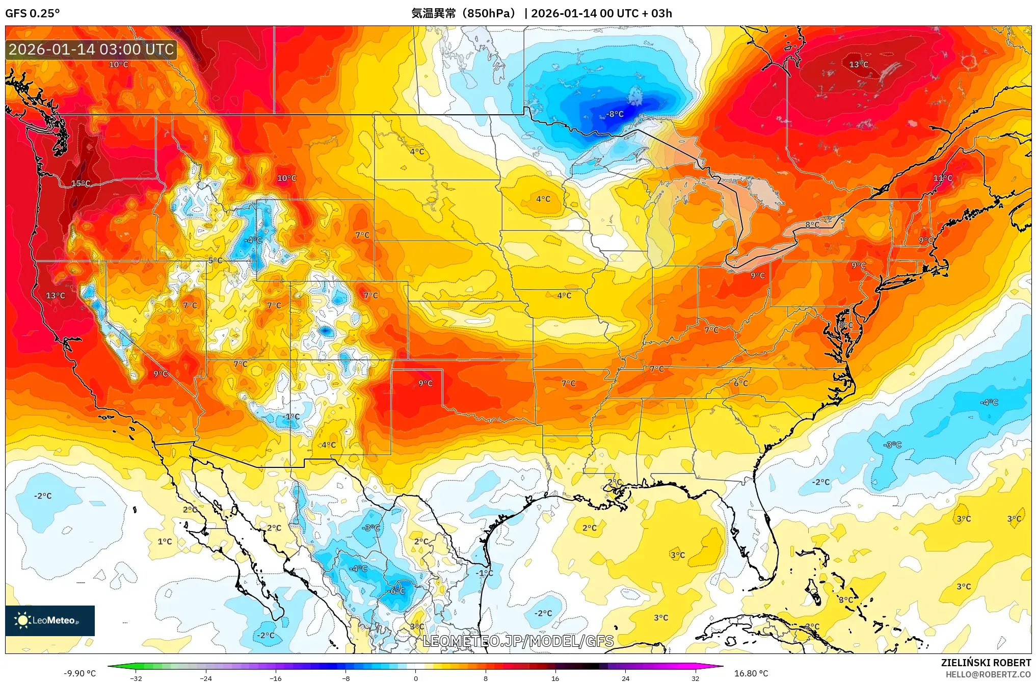 GFS model - アメリカ合衆国, 気温異常（850hPa）