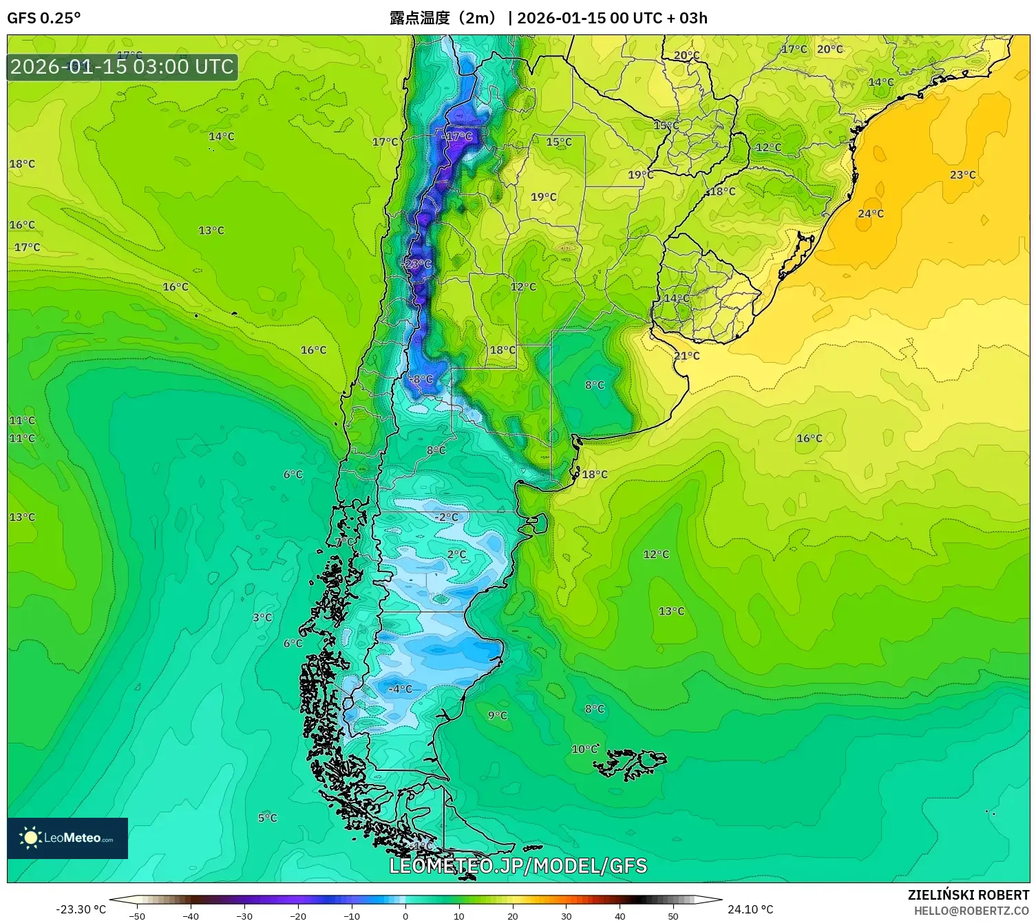 GFS model - アルゼンチン, 露点温度（2m）