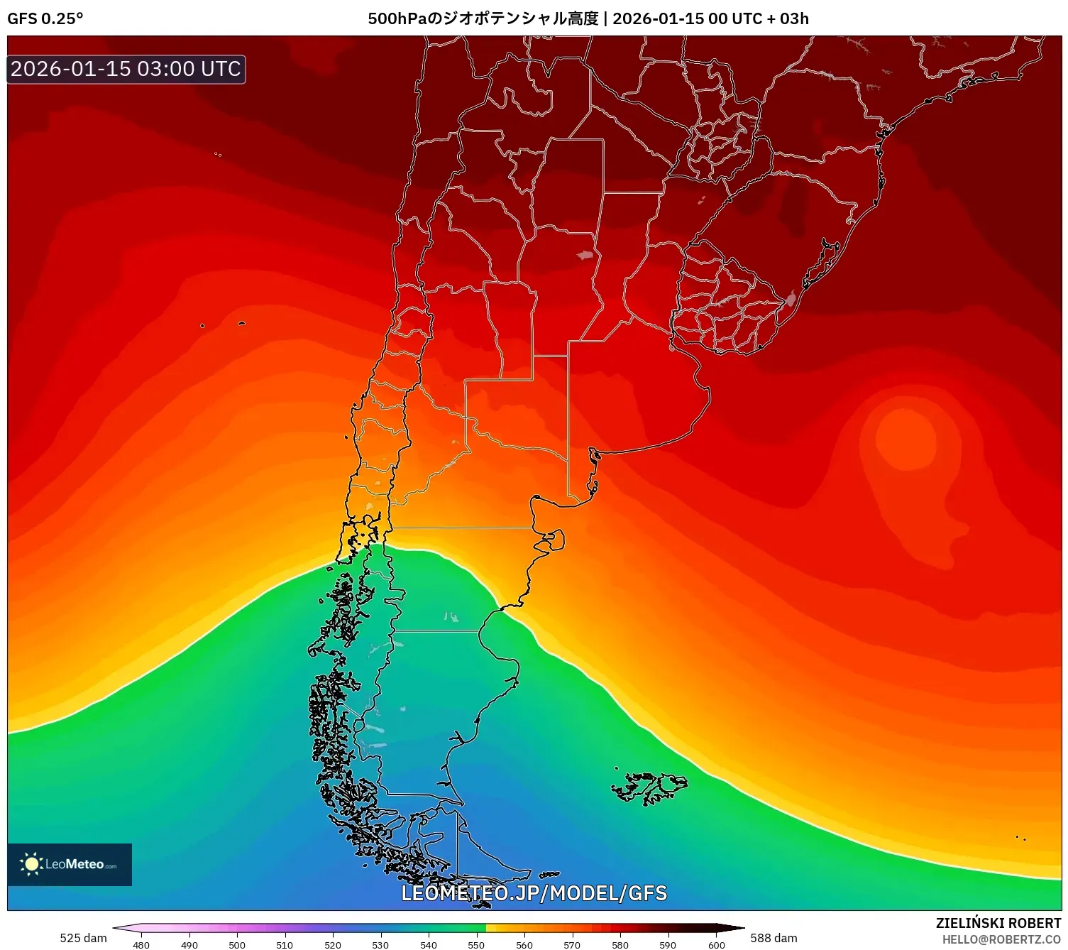 GFS model - アルゼンチン, 500hPaのジオポテンシャル高度