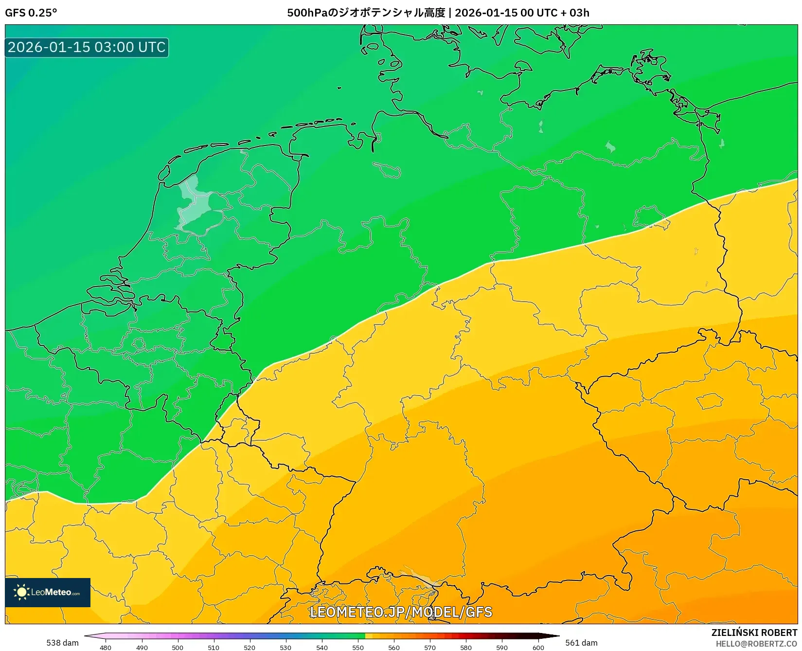 GFS model - ドイツ, 500hPaのジオポテンシャル高度