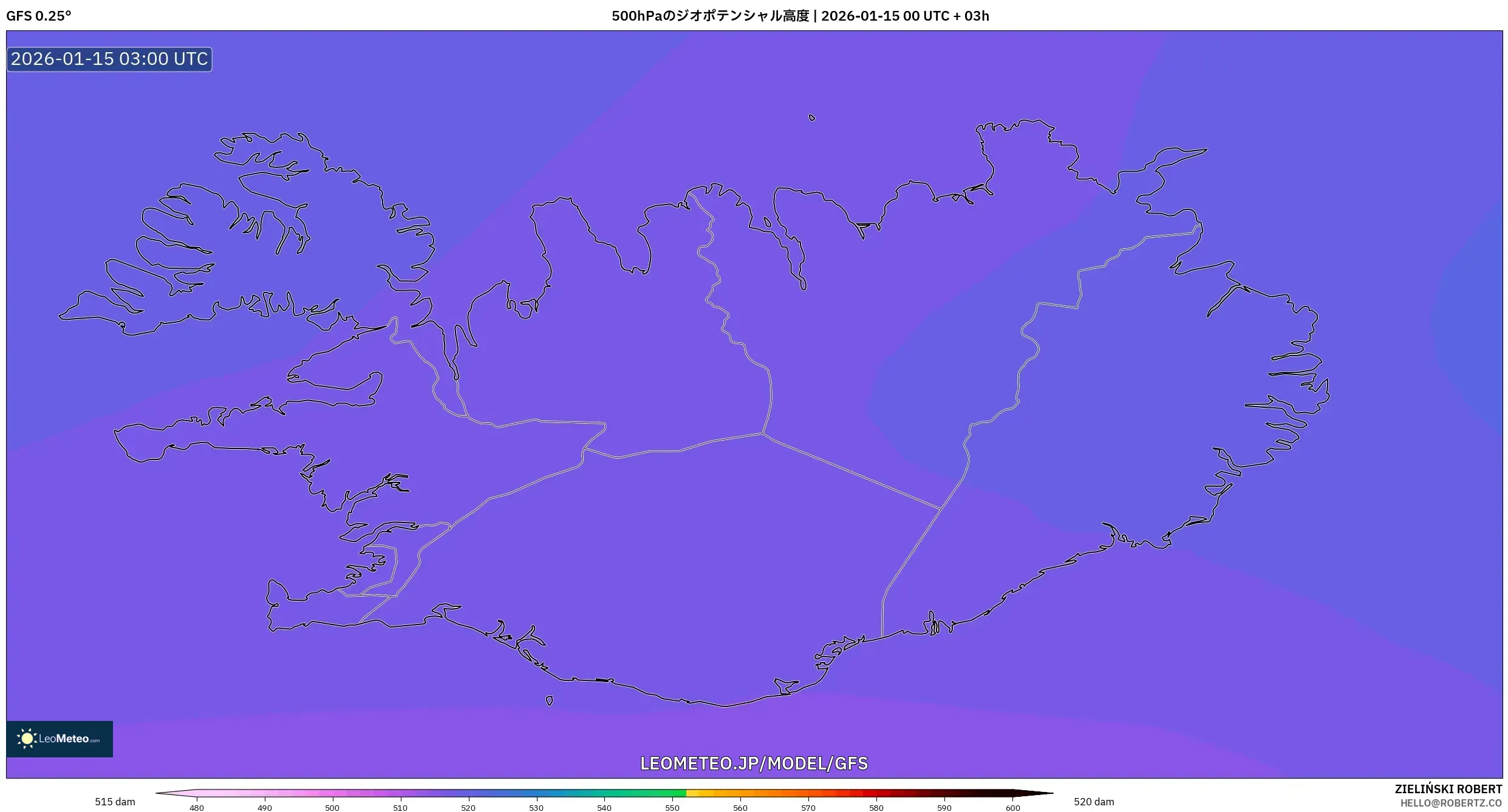 GFS model - アイスランド, 500hPaのジオポテンシャル高度