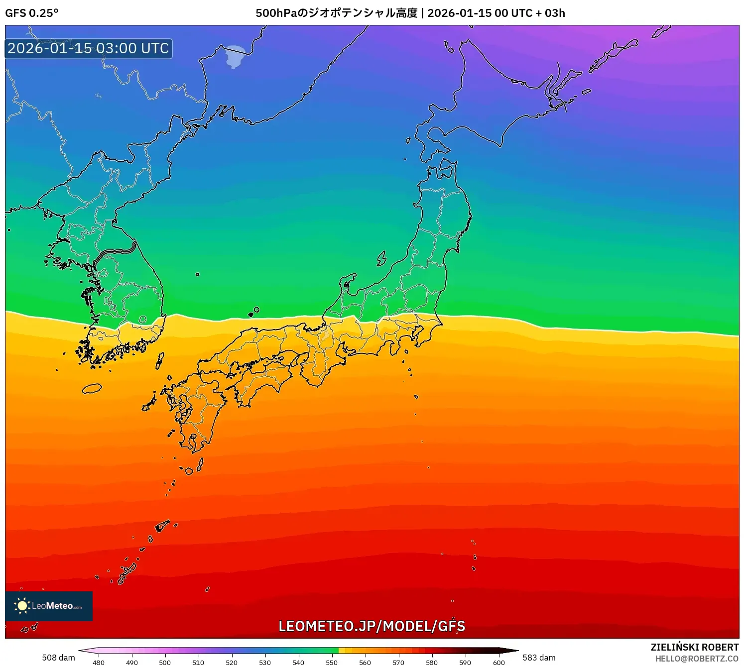 GFS model - 日本, 500hPaのジオポテンシャル高度