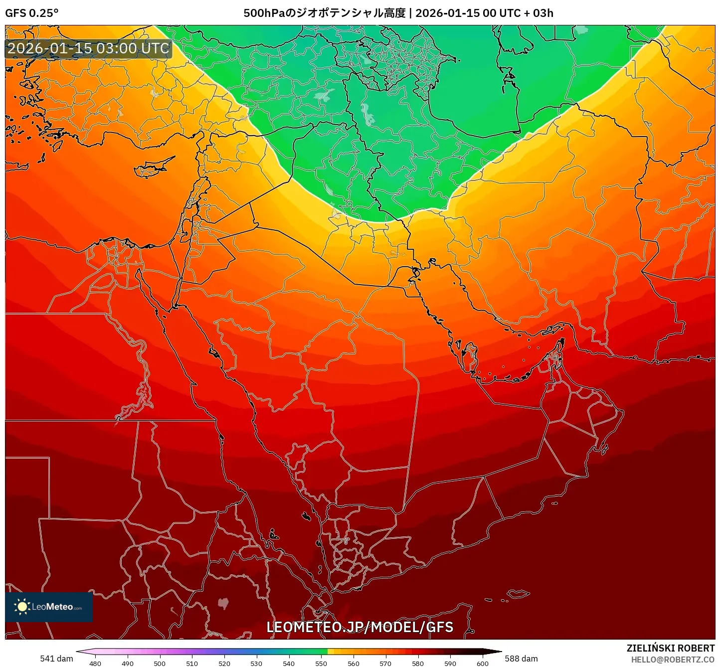 GFS model - 中東, 500hPaのジオポテンシャル高度