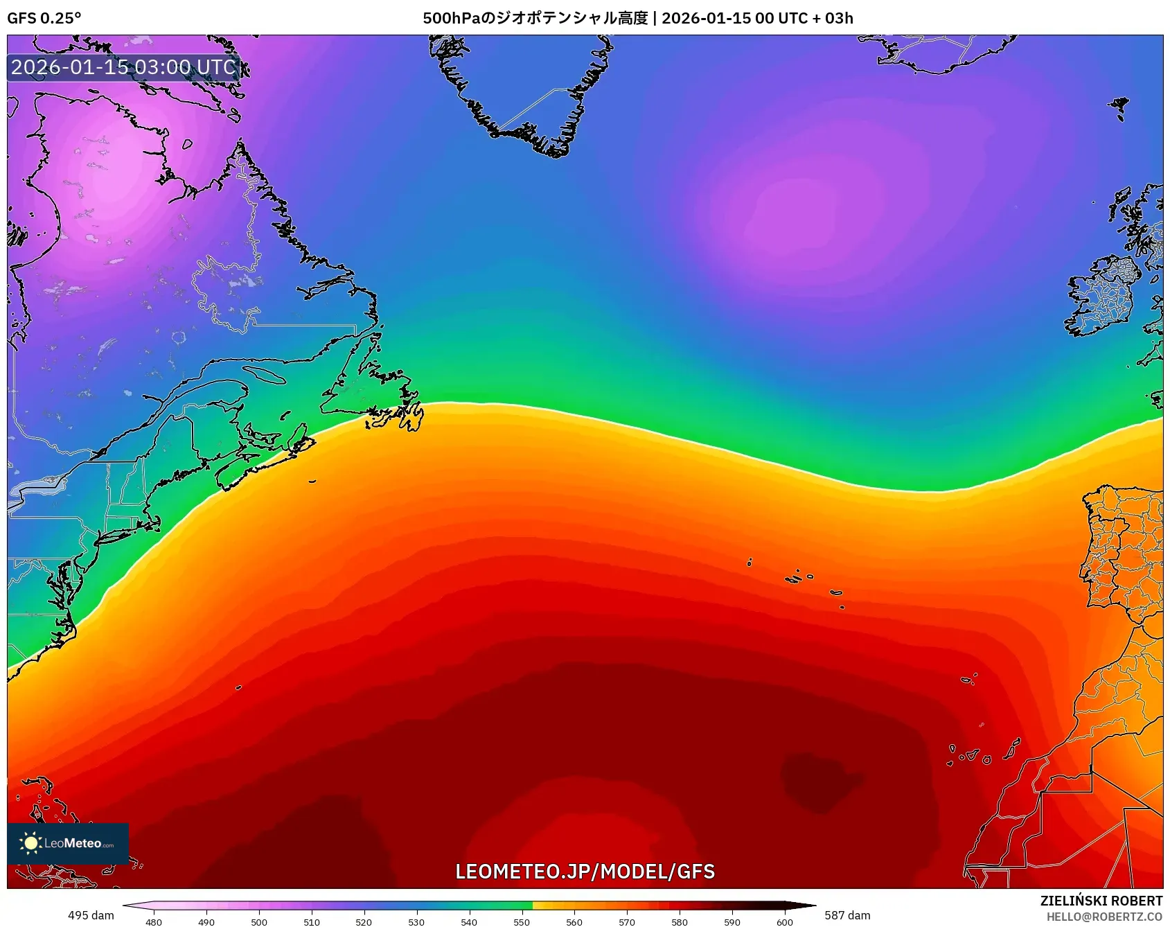 GFS model - 北大西洋, 500hPaのジオポテンシャル高度