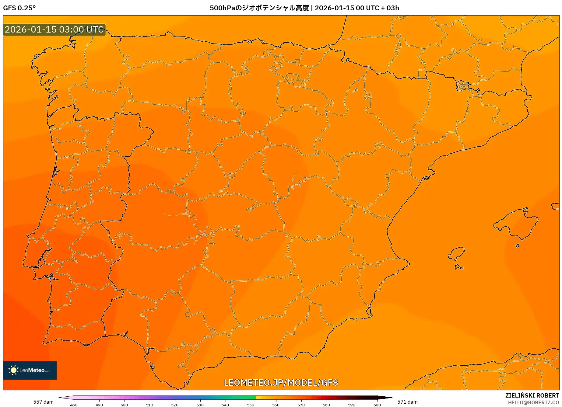GFS model - スペイン, 500hPaのジオポテンシャル高度