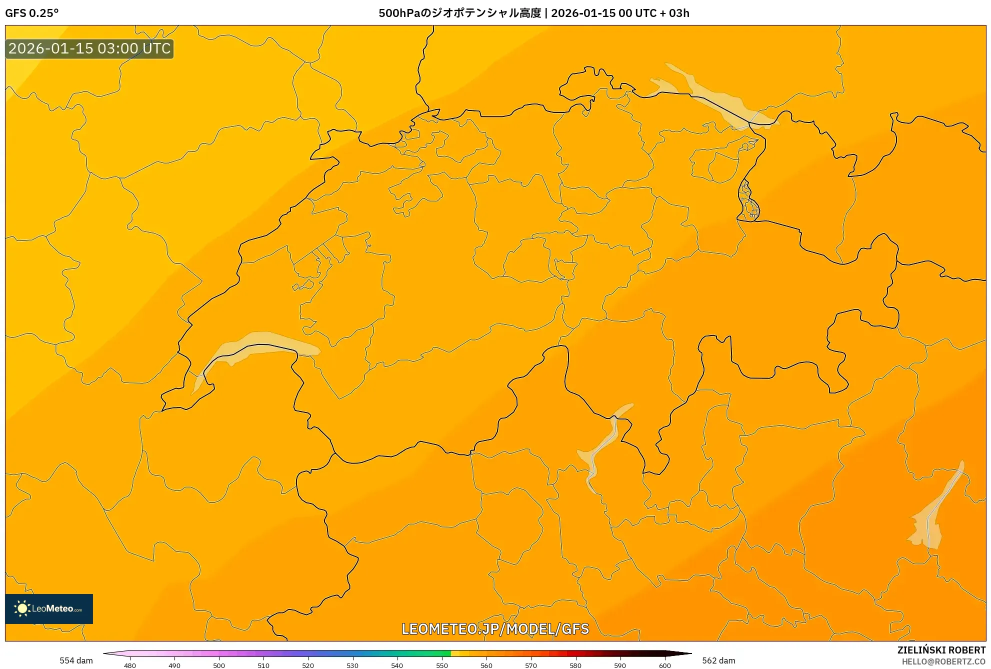 GFS model - スイス, 500hPaのジオポテンシャル高度