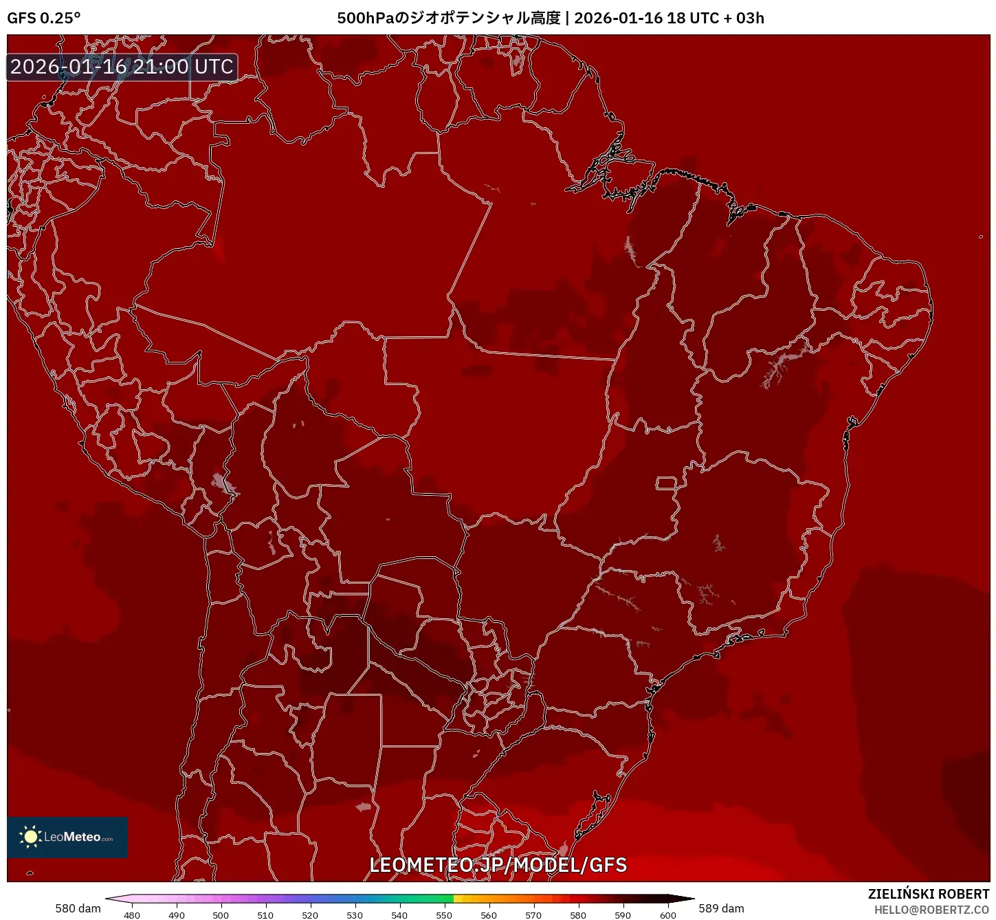 GFS model - ブラジル, 500hPaのジオポテンシャル高度