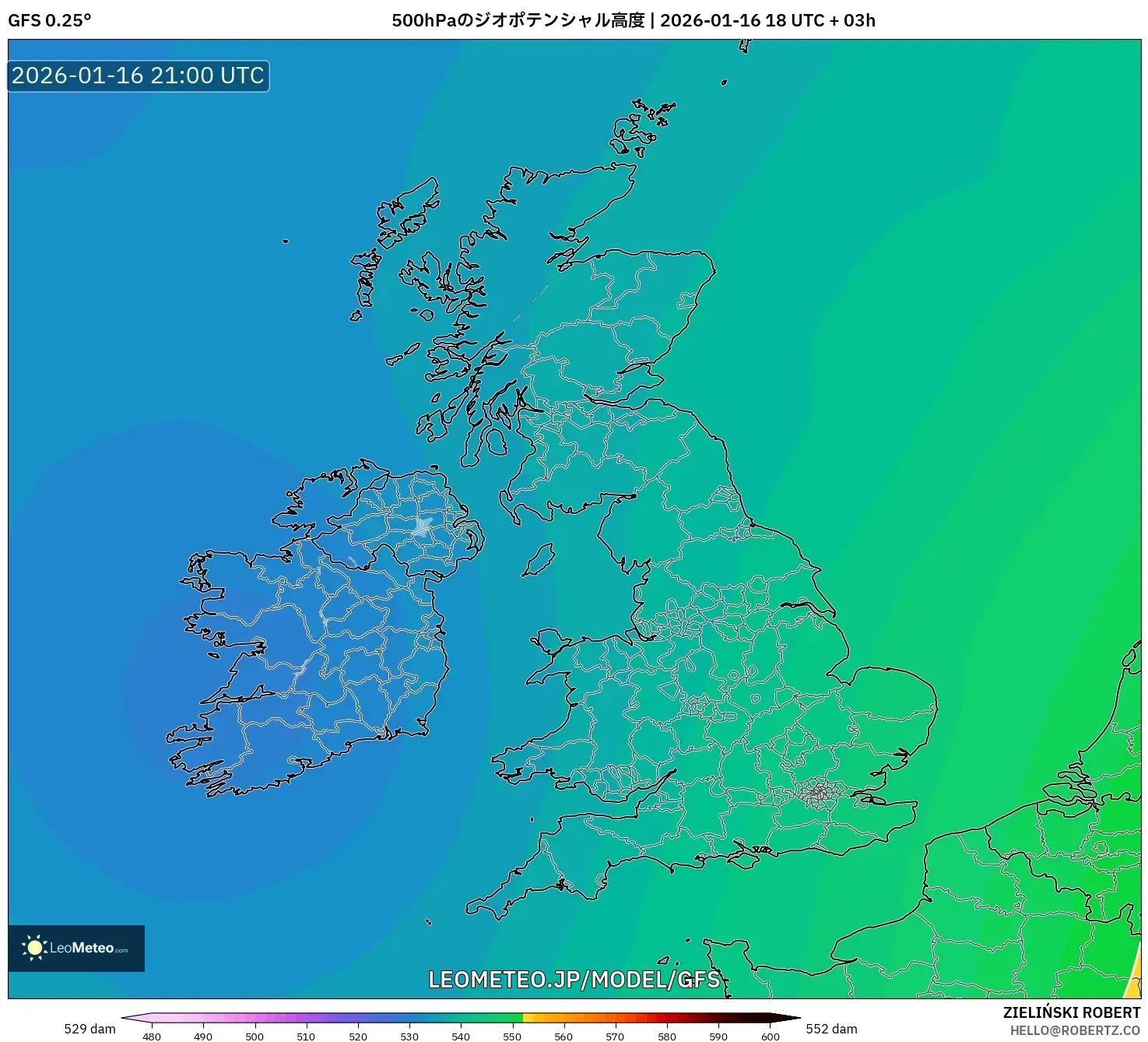 GFS model - イギリス, 500hPaのジオポテンシャル高度