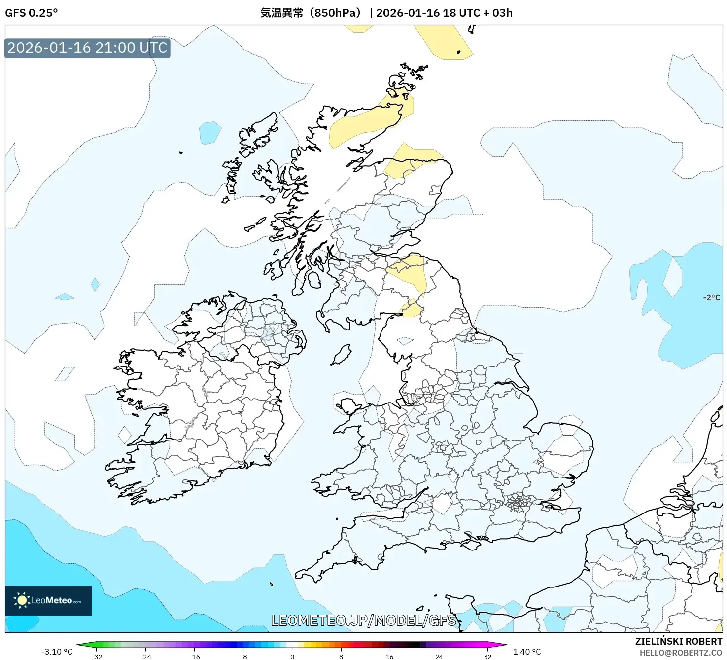 GFS model - イギリス, 気温異常（850hPa）