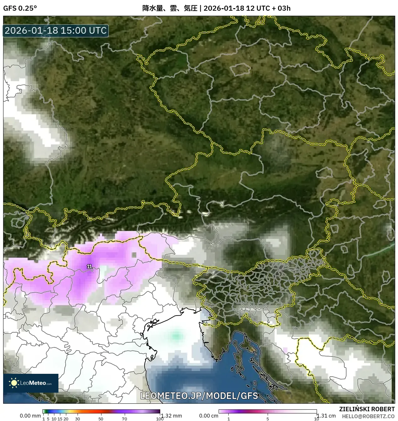 GFS model - オーストリア, 降水量、雲、気圧