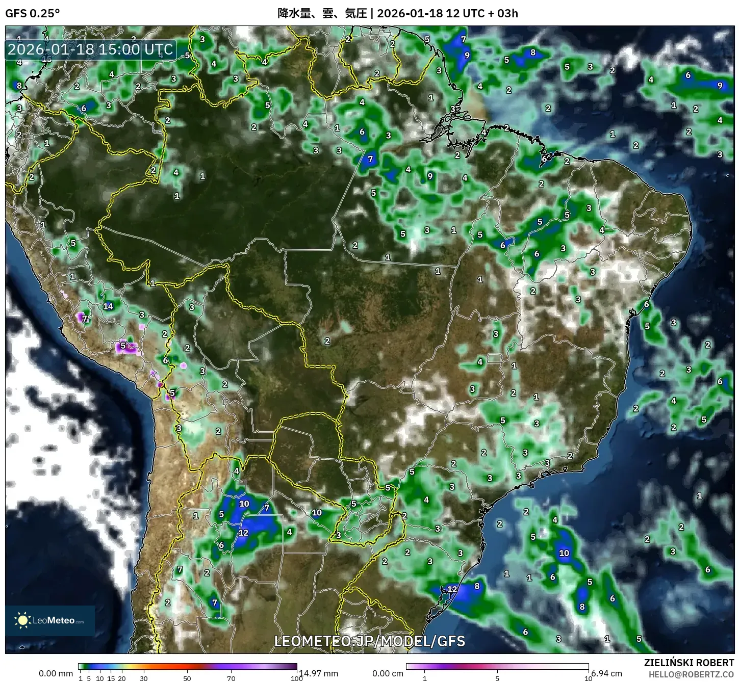 GFS model - ブラジル, 降水量、雲、気圧