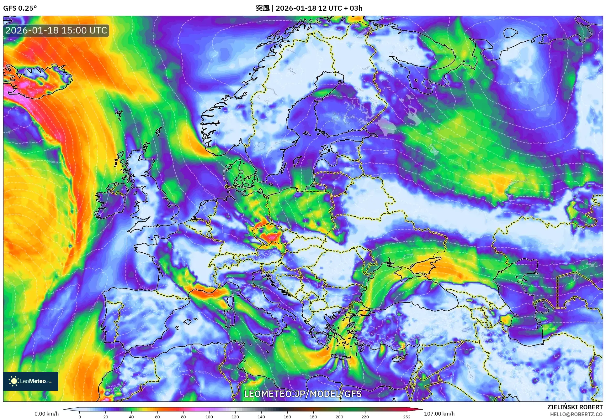 GFS model - ヨーロッパ, 突風