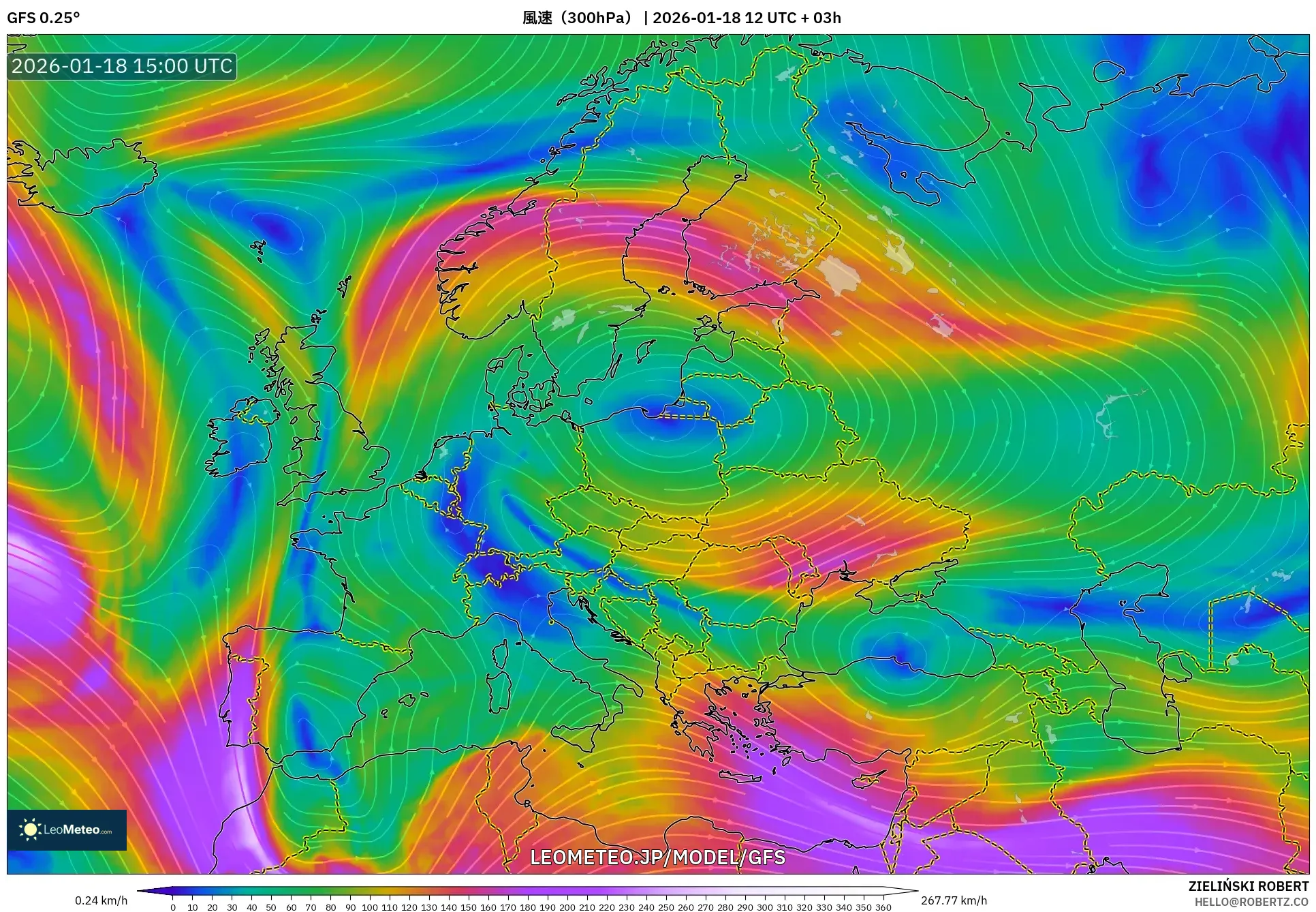 GFS model - ヨーロッパ, 風速（300hPa）