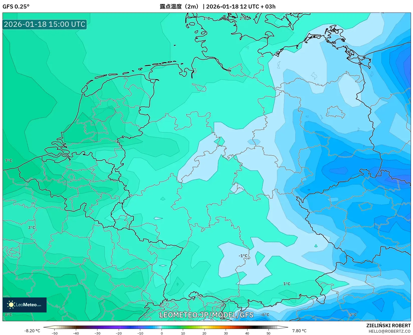 GFS model - ドイツ, 露点温度（2m）