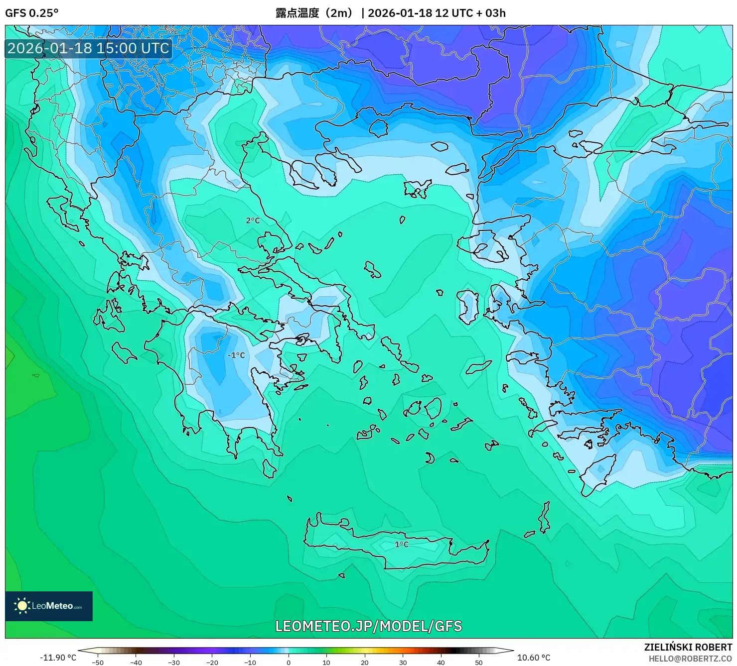 GFS model - ギリシャ, 露点温度（2m）