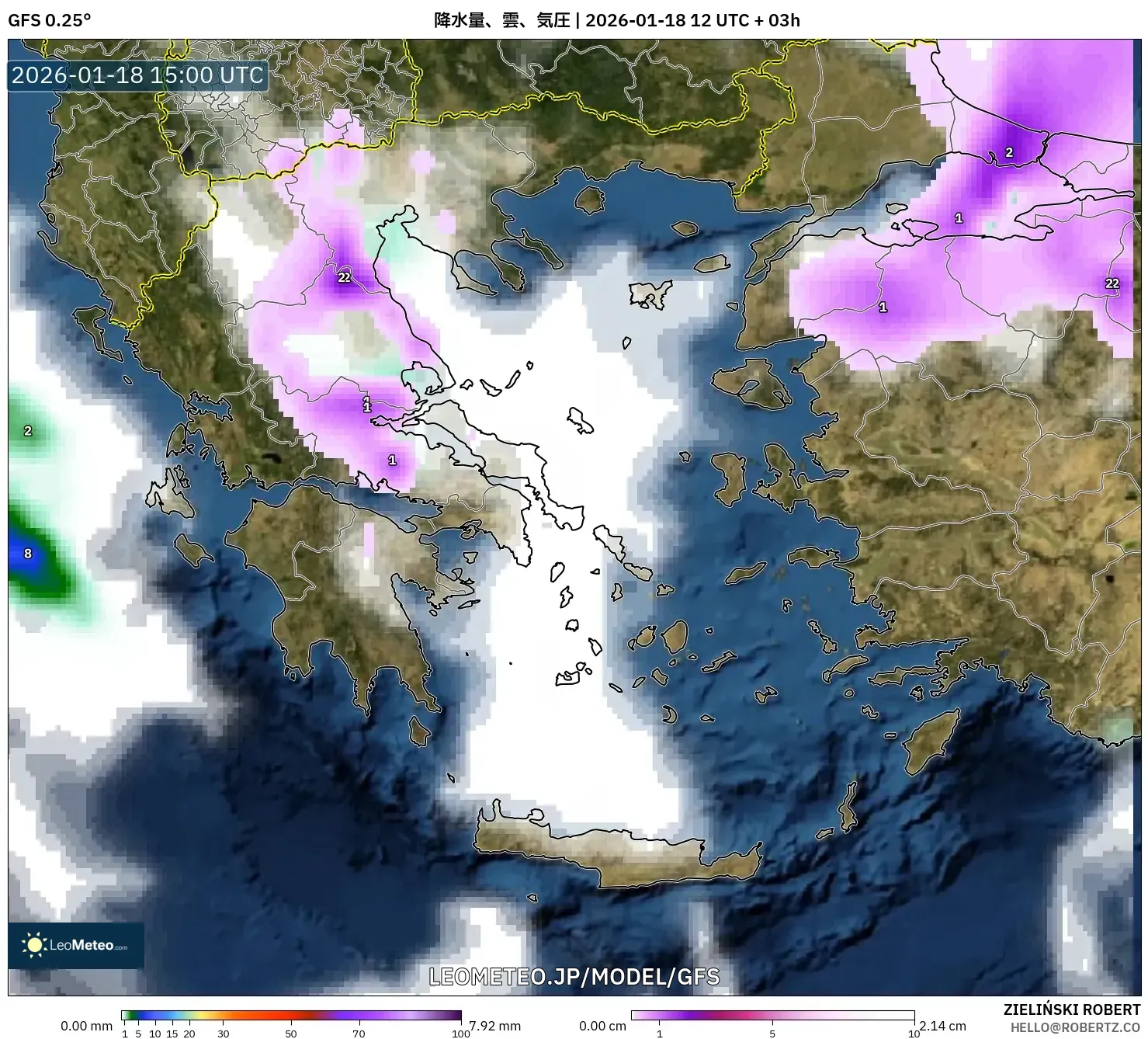 GFS model - ギリシャ, 降水量、雲、気圧