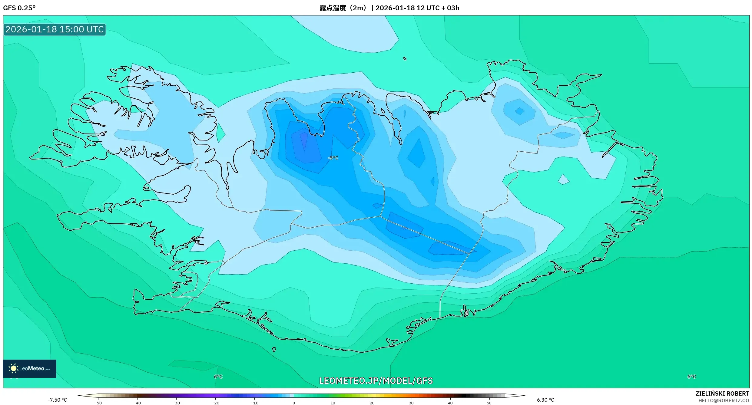 GFS model - アイスランド, 露点温度（2m）