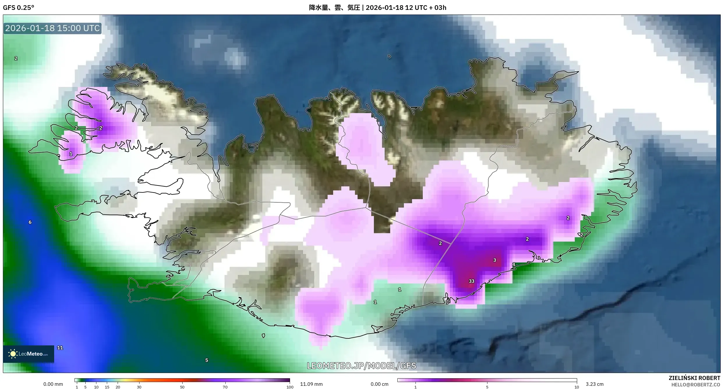 GFS model - アイスランド, 降水量、雲、気圧