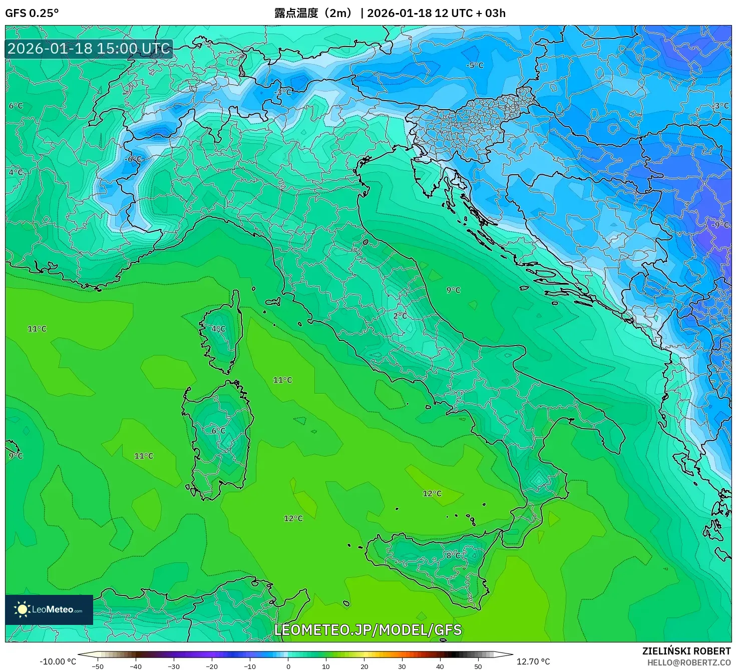 GFS model - イタリア, 露点温度（2m）