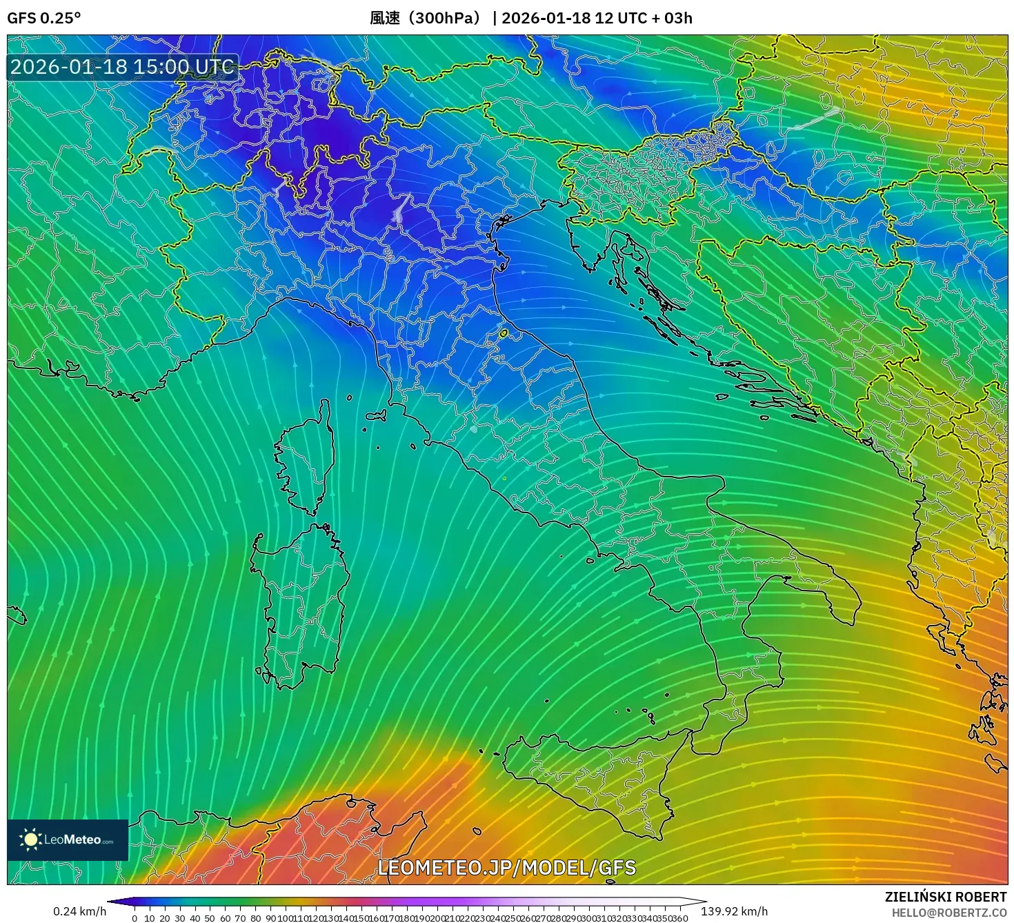 GFS model - イタリア, 風速（300hPa）