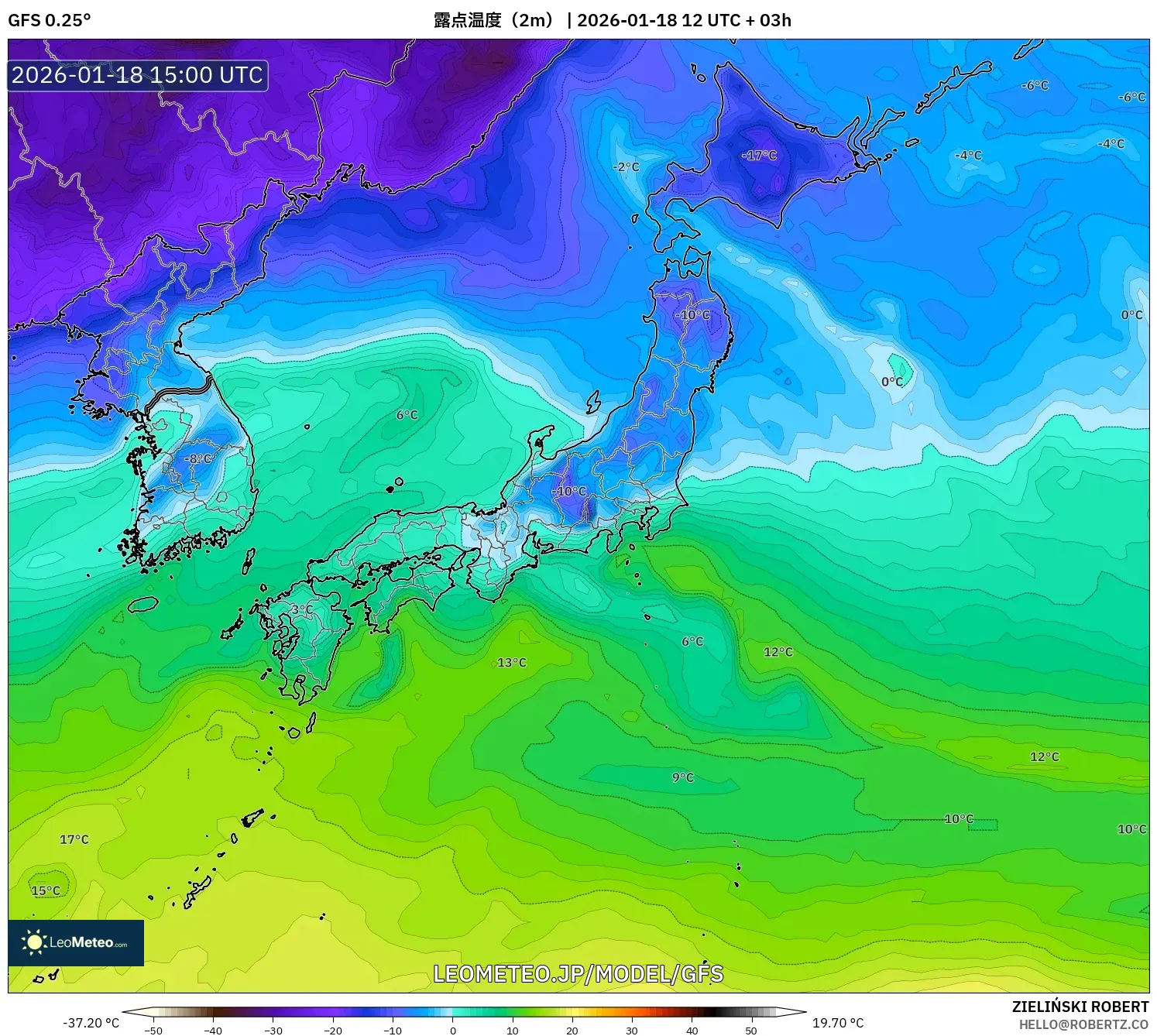 GFS model - 日本, 露点温度（2m）