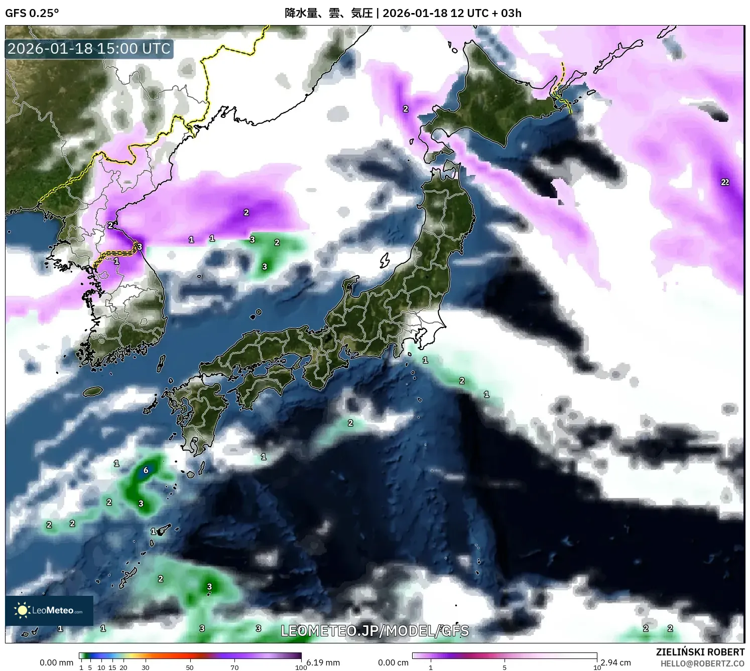 GFS model - 日本, 降水量、雲、気圧