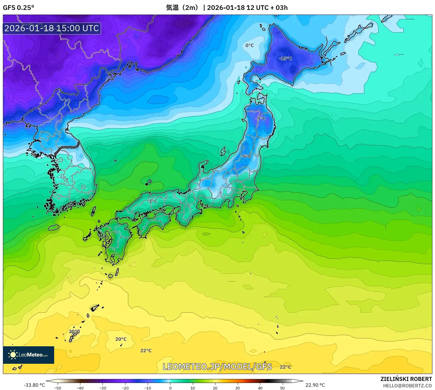 GFS model - 日本, 気温（2m）