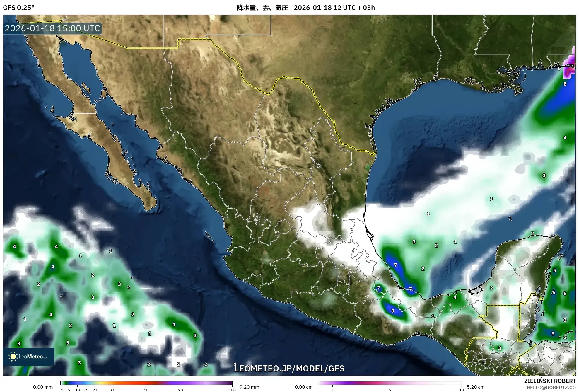 GFS model - メキシコ, 降水量、雲、気圧