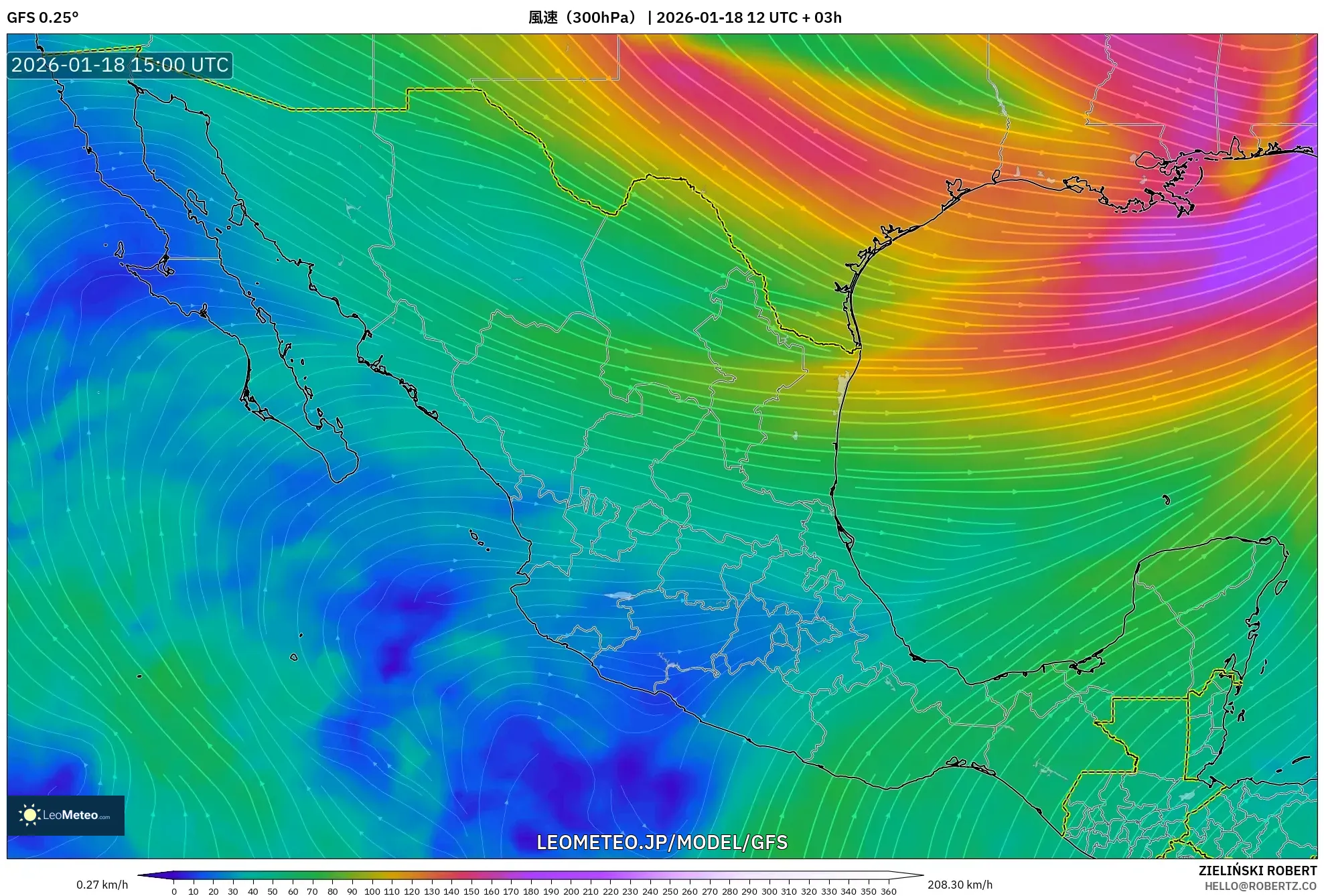 GFS model - メキシコ, 風速（300hPa）