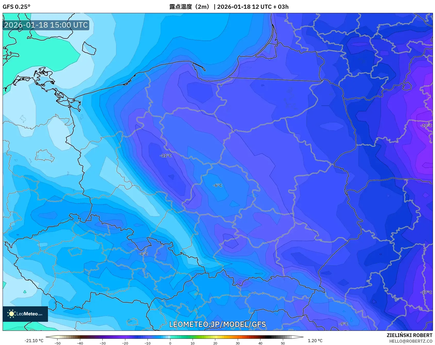 GFS model - ポーランド, 露点温度（2m）
