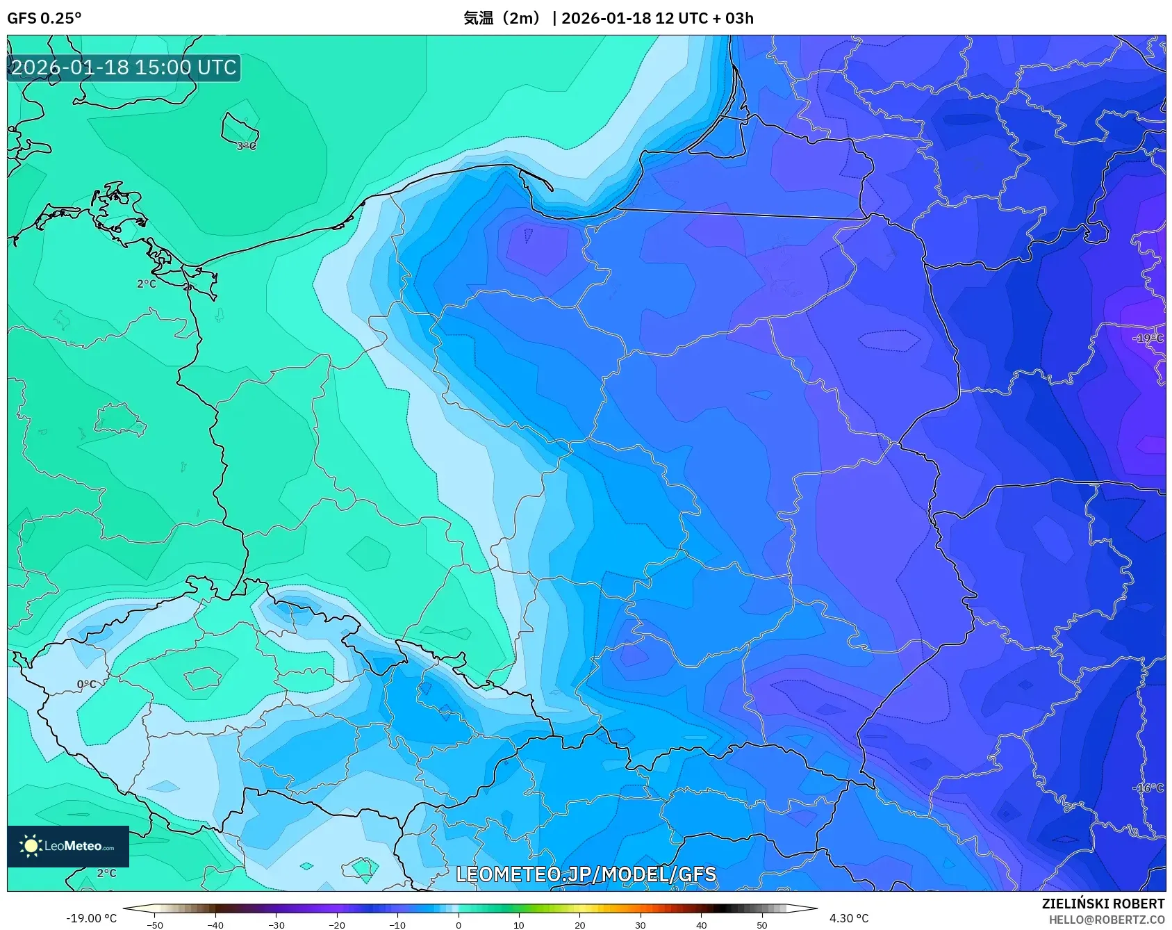 GFS model - ポーランド, 気温（2m）