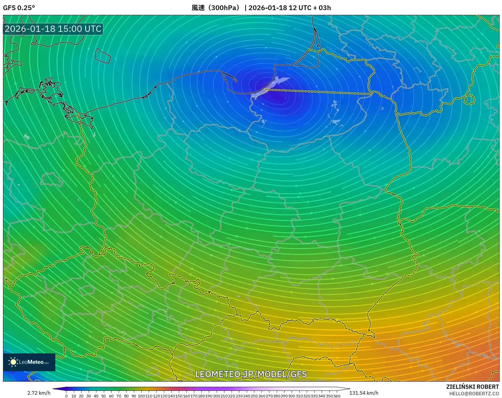 GFS model - ポーランド, 風速（300hPa）