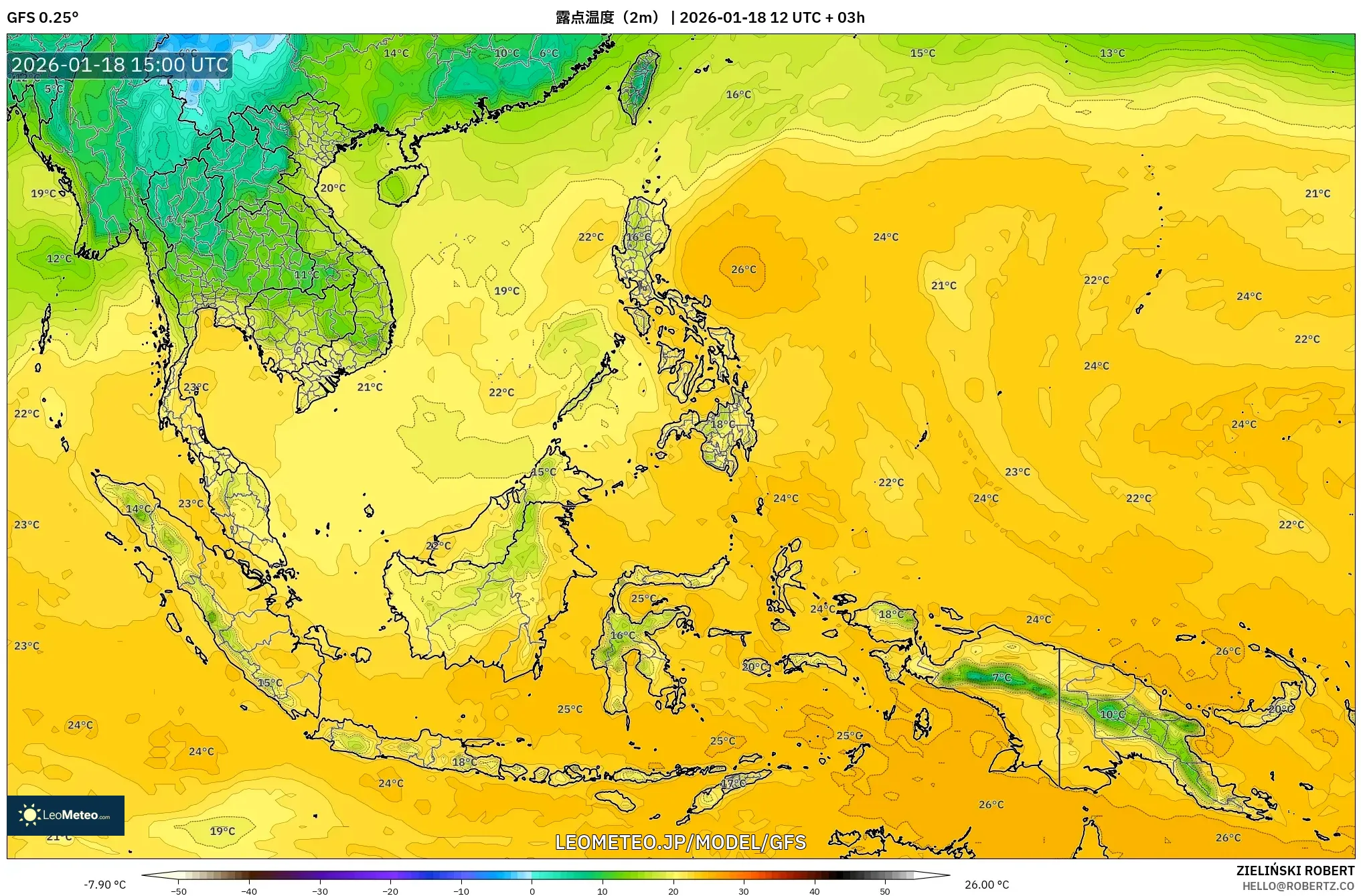 GFS model - 東南アジア, 露点温度（2m）