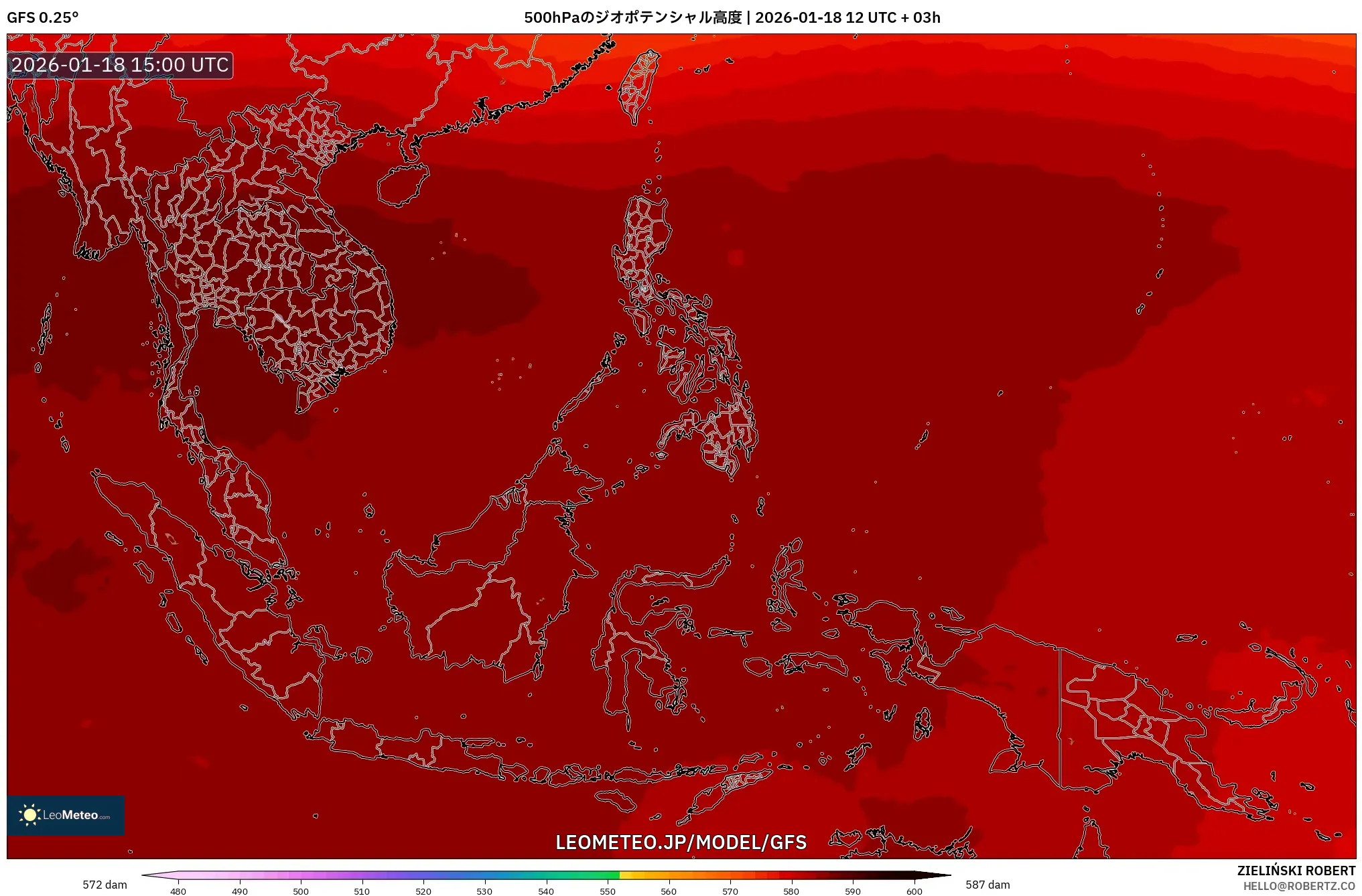 GFS model - 東南アジア, 500hPaのジオポテンシャル高度