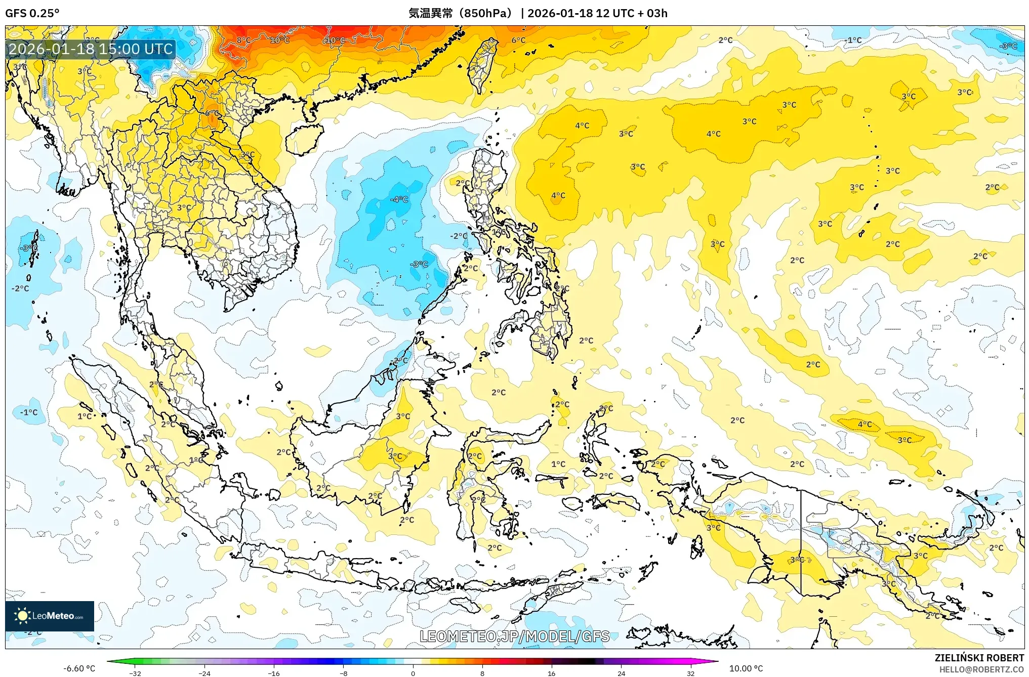 GFS model - 東南アジア, 気温異常（850hPa）