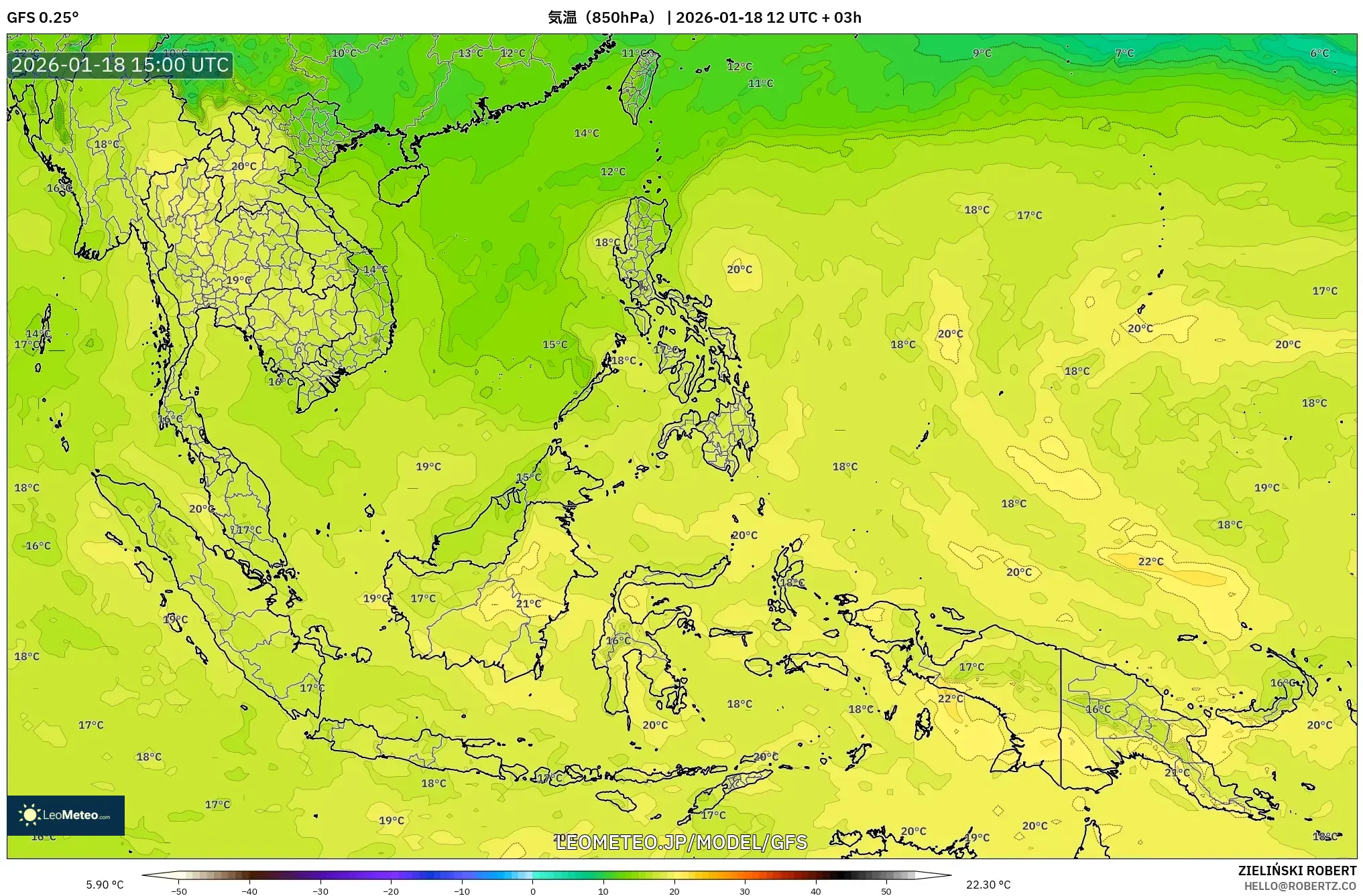 GFS model - 東南アジア, 気温（850hPa）